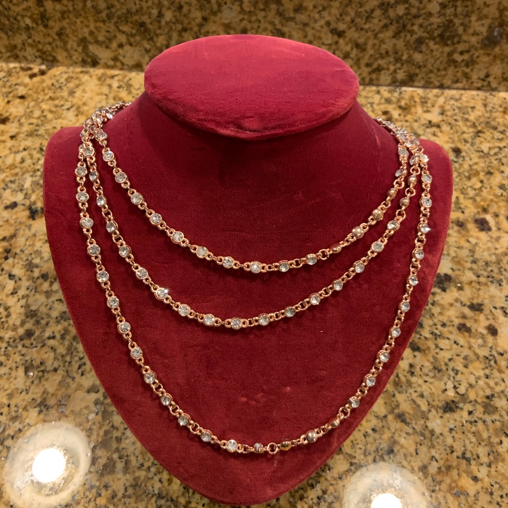 64” Extra Long Lisa Freede Rhinestone Necklace Double Triple Wrap Gold Tone